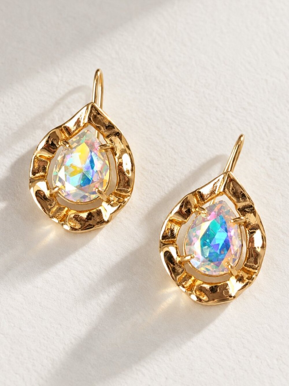 Alexis Bittar 18K Gold Iridescent Crystal Teardrop Earrings Statement Jewelry